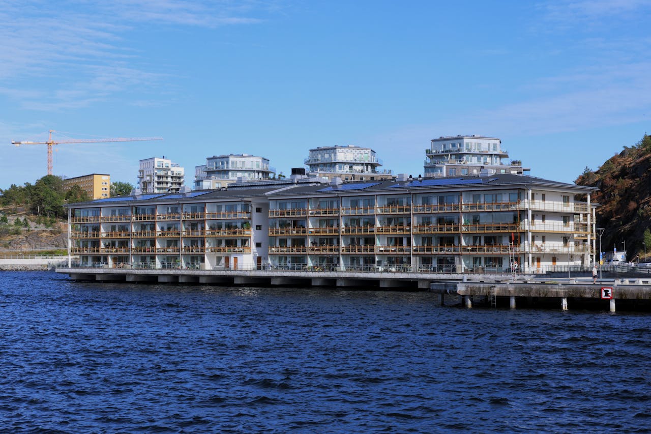 Scenic view of waterfront residential architecture in Stockholm, Sweden.
